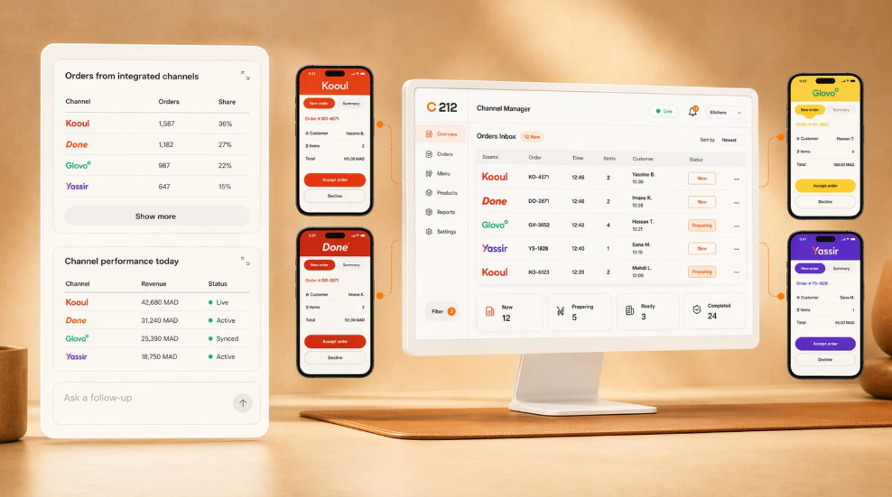 Caisse212 système de caisse avec Channel Manager centralisant Glovo, Yassir, Kooul et Done au Maroc